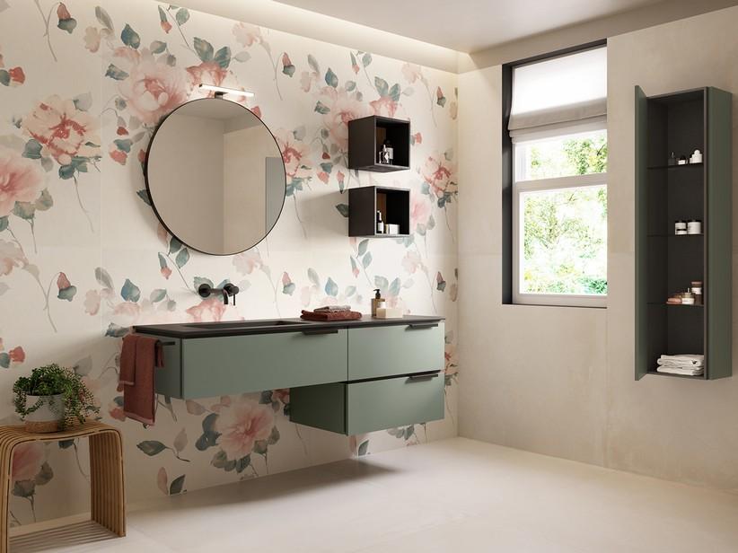 Meuble sous-vasque TOUCH 160 cm 3 tiroirs vert sauge mat plan vasque à gauche Unitop HIDE effet pierre noir | IperCeramica