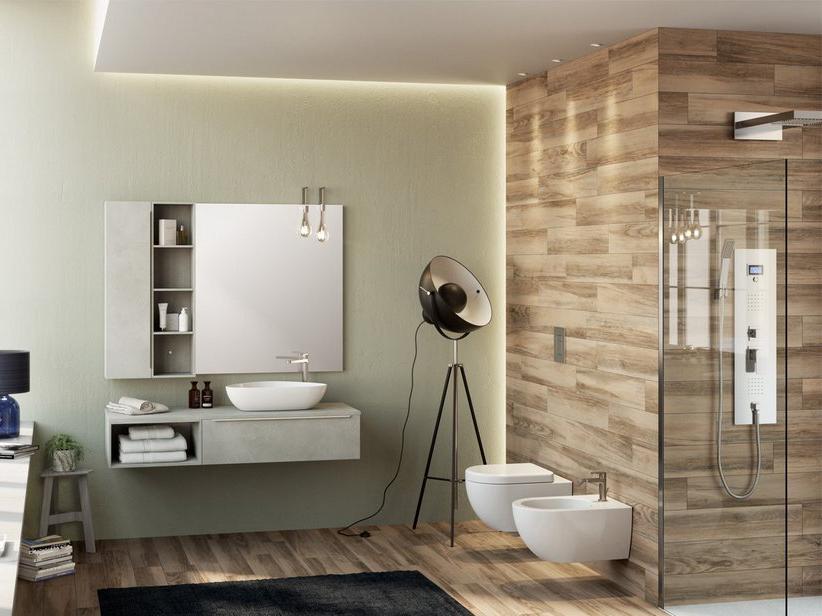 Meuble de salle de bains Trendy 141 cm ciment avec plan pour lavabo pour vasque à poser droit | IperCeramica