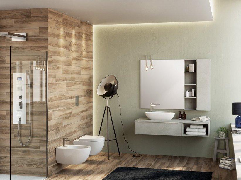 Meuble de salle de bains Trendy 141 cm ciment avec plan pour lavabo pour vasque à poser gauche | IperCeramica