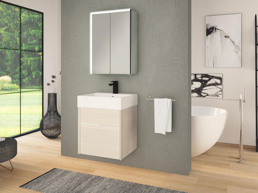 Meuble de salle de bains Tribeca 50 cm 2 tiroirs effet bois chêne rock blancs avec plan de vasque Unitop en résine blanc mat | IperCeramica
