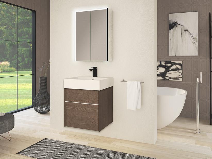 Meuble de salle de bains Tribeca 50 cm 2 tiroirs effet bois frêne foncé avec plan de vasque Unitop en résine blanc mat | IperCeramica