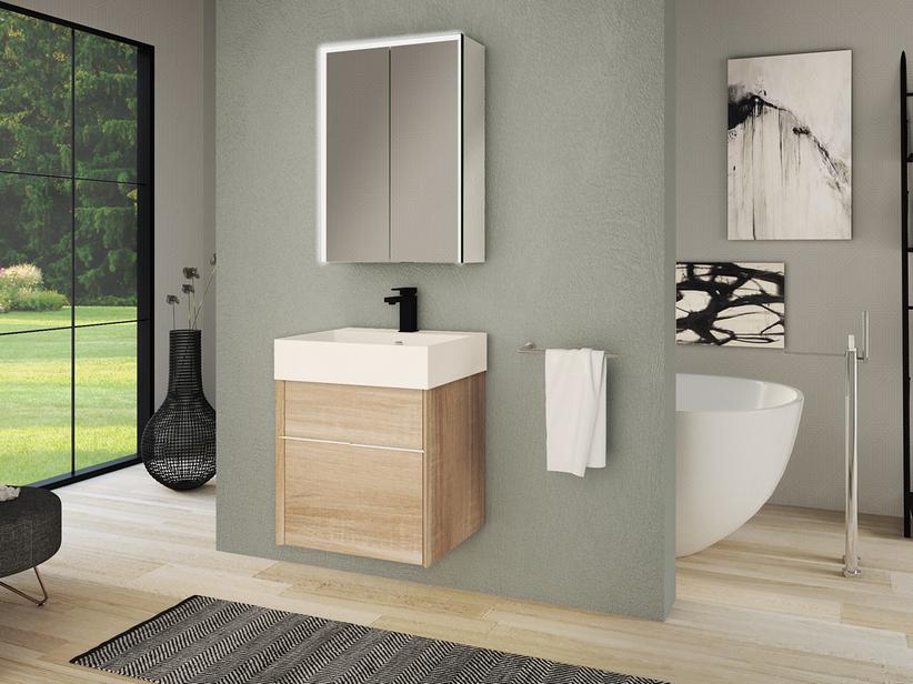 Meuble de salle de bains Tribeca 50 cm 2 tiroirs effet bois chêne Bruges avec plan de vasque Unitop en résine blanc mat | IperCeramica