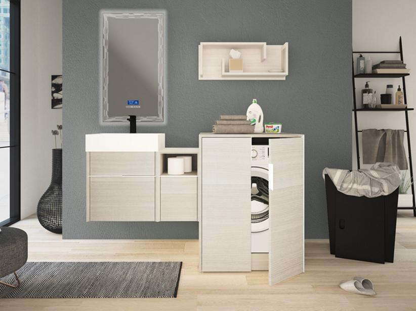 Meuble de salle de bains Tribeca 80 cm 2+1 tiroirs effet bois chêne rock blanc avec plan de vasque Unitop en résine blanc mat | IperCeramica