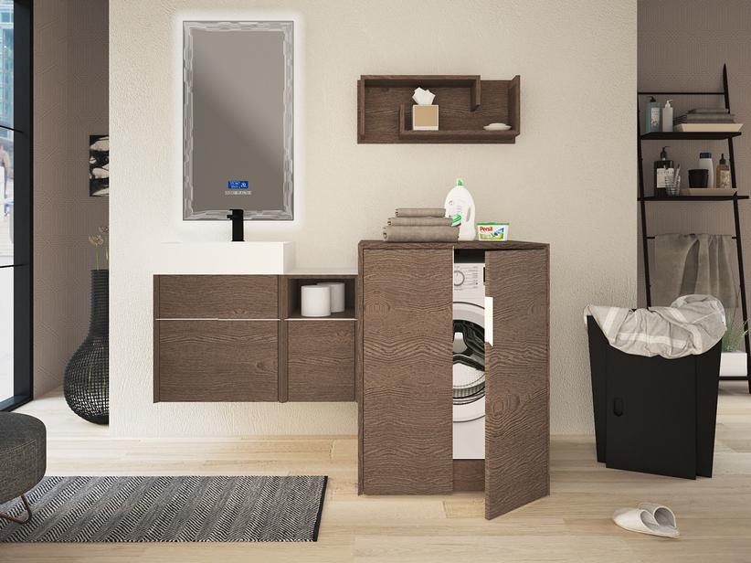 Meuble de salle de bains Tribeca 80 cm 2+1 tiroirs effet bois frêne foncé avec plan de vasque Unitop en résine blanc mat | IperCeramica