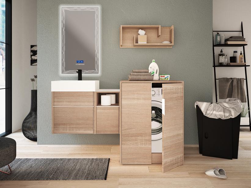 Meuble de salle de bains Tribeca 80 cm 2 tiroirs effet bois chêne Bruges avec plan de vasque Unitop en résine blanc mat | IperCeramica