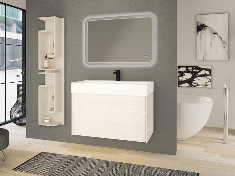 Meuble de salle de bains Tribeca 90 cm 2 tiroirs effet bois chêne rock blancs avec plan de vasque Unitop en résine blanc mat | IperCeramica