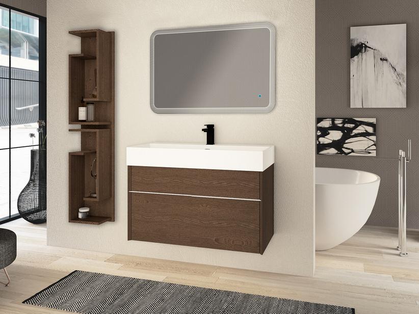 Meuble de salle de bains Tribeca 90 cm 2 tiroirs effet bois frêne foncé avec plan de vasque Unitop en résine blanc mat | IperCeramica