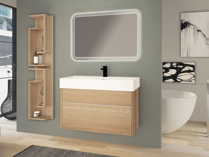 Meuble de salle de bains Tribeca 90 cm 2 tiroirs effet bois chêne Bruges avec plan de vasque Unitop en résine blanc mat | IperCeramica