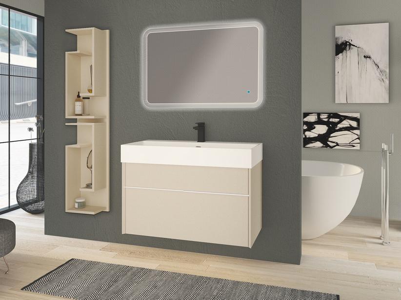 Meuble de salle de bains Tribeca 90 cm 2 tiroirs effet bois ciré blanc avec plan de vasque Unitop en résine blanc mat | IperCeramica