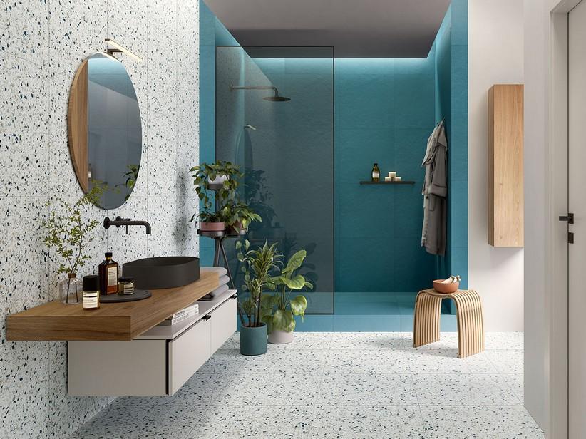Carrelage Venice Teal 60x60 grès cérame effet terrazzo bleu pétrole | IperCeramica