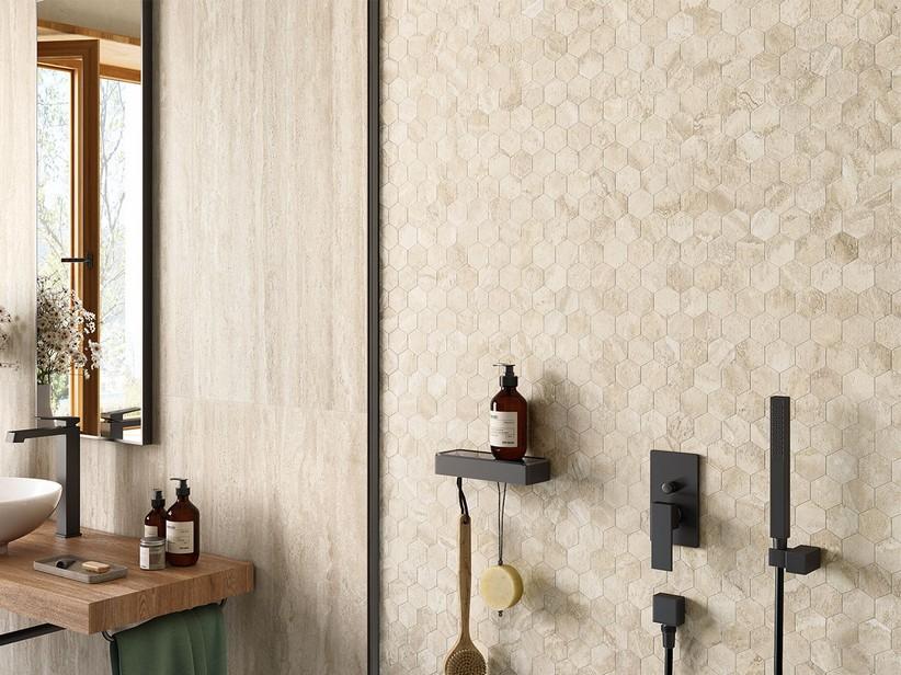 Mosaïque hexagonale Vogue Cream 29x27 grès cérame effet travertin naturel beige | IperCeramica