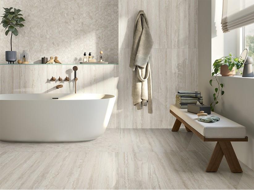 Carrelage Vogue White Marbles 60x120 grès cérame effet travertin blanc poli | IperCeramica