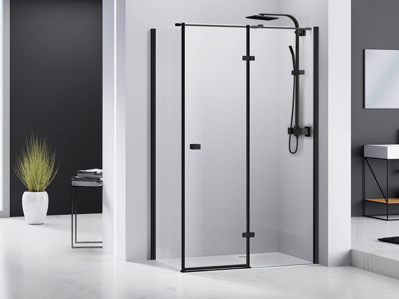 Cabine de douche d'angle Chakra 90x90 h195 Ext 87/89 - 87/89 pte pivot. ouv. à dte+paroi lat. verre noir mat transp. 8 mm | IperCeramica