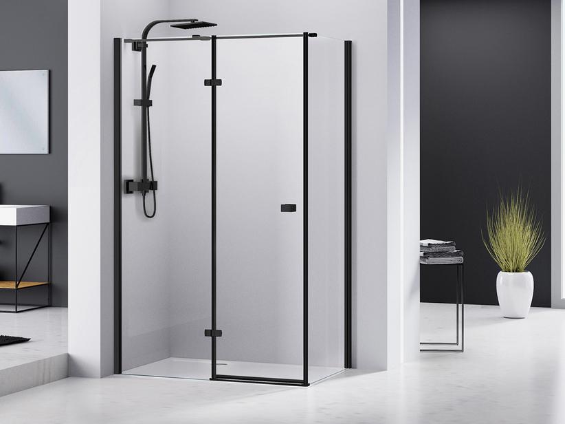 Cabine de douche d'angle Chakra 90x90 h195 Ext 87/89 - 87/89 pte pivot. ouv. à gau+paroi lat. verre noir mat transp. 8 mm | IperCeramica