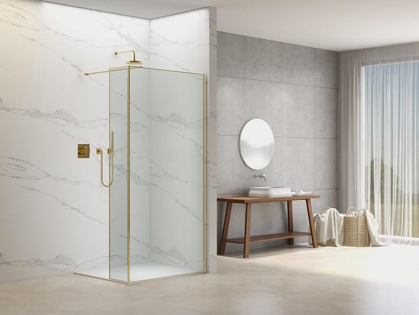 Douche à l’italienne Namaste’ 90 cm H200 Ext 88/90 avec déflecteur verre 8 mm effet strié avec profilé or brossé | IperCeramica