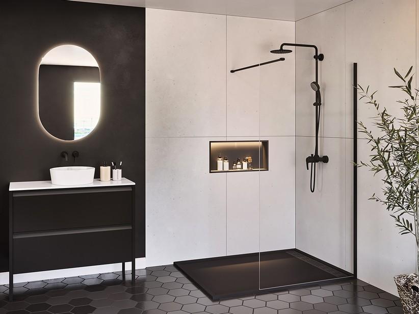 Douche à l’italienne Renu 140 cm H200 Ext 137,5/139 verre 8 mm transparent noir mat | IperCeramica