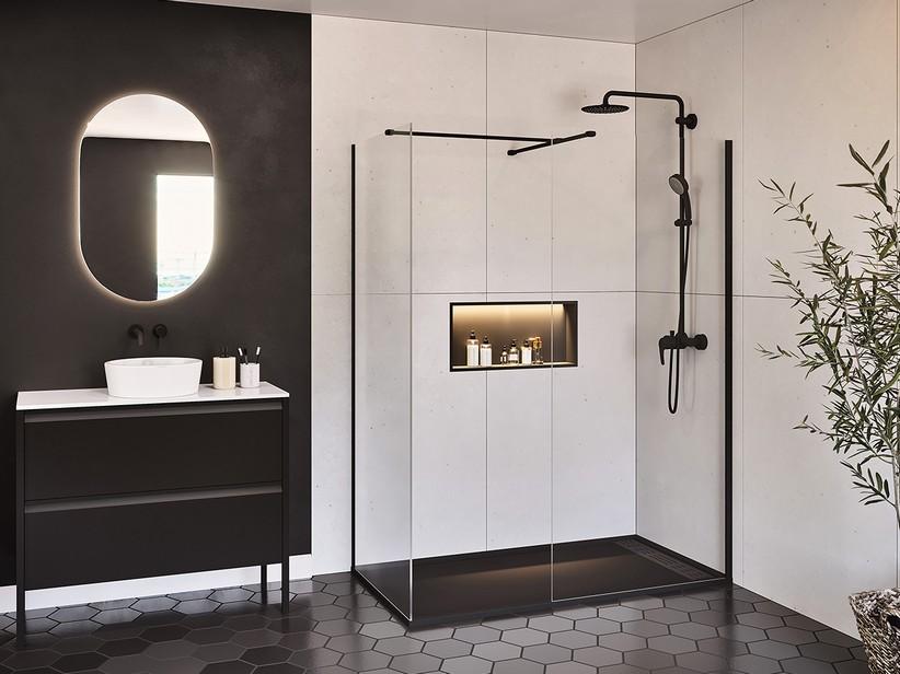Cabine de douche à l’italienne Renu 100+70 cm H200 Ext 97,5/99 - 67,5/69 verre 8 mm transparent noir mat | IperCeramica