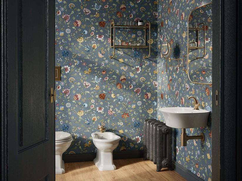 Carrelage extra-fin Wallart Flowery Avio composition 100x100 grès cérame effet papier floral | IperCeramica