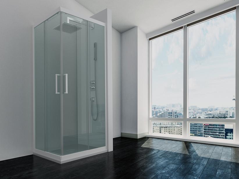 Cabine de douche d'angle Zen 80x80 h190,4 Réd 75/70 porte coulissante et paroi latérale verre 6 mm transparent blanc mat | IperCeramica