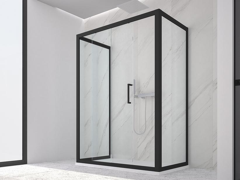 Cabine de douche Zen 80x120x80 h190,4 porte coulissante et 2 parois latérales verre 6 mm transparent noir mat | IperCeramica