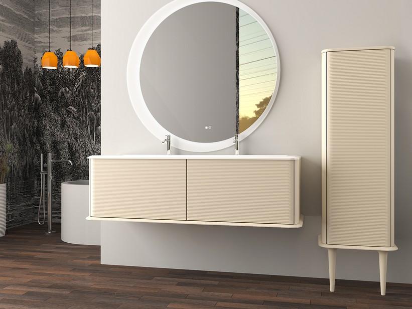 Hängebadmöbel ATLAS L144 cm mit 2 Schubladen und Unitop-Waschbecken aus Harz - Ausführung Baumwolle matt | IperCeramica Hängebadmöbel ATLAS L144 cm mit 2 Schubladen und Unitop-Waschbecken aus Harz - Ausführung Baumwolle matt | IperCeramica