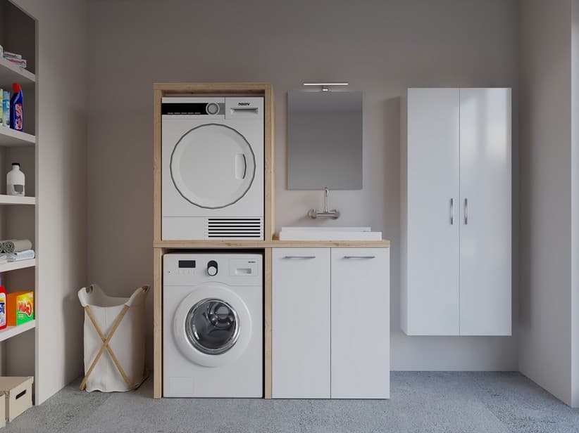 Waschküchenmöbel BONK 140 cm Waschmaschinen-und Trocknerschrank 2 Türen und Waschtrog rechts, Weiß glänzend/Asteiche | IperCeramica Waschküchenmöbel BONK 140 cm Waschmaschinen-und Trocknerschrank 2 Türen und Waschtrog rechts, Weiß glänzend/Asteiche | IperCeramica