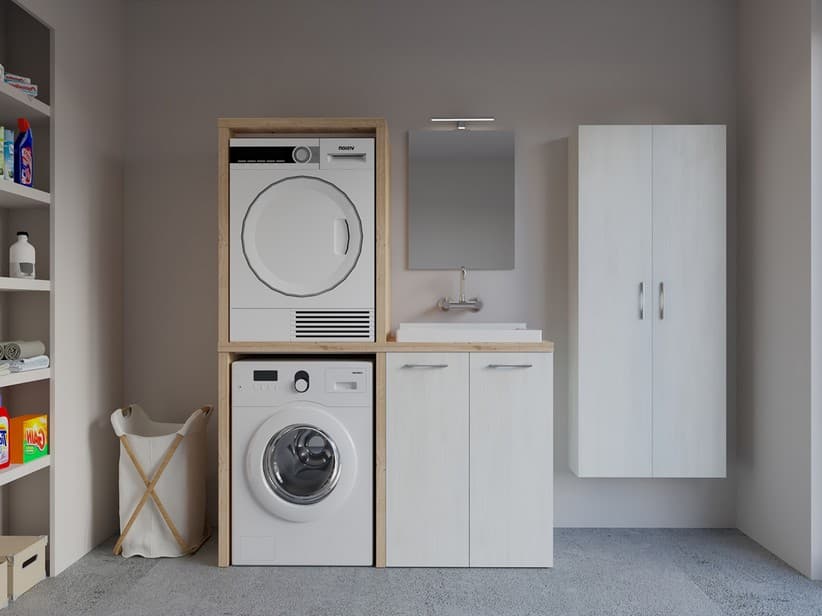 Waschküchenmöbel BONK 140 cm Waschmaschinen-und Trocknerschrank 2 Türen und Waschtrog rechts, Weiß Matrix/Asteiche | IperCeramica Waschküchenmöbel BONK 140 cm Waschmaschinen-und Trocknerschrank 2 Türen und Waschtrog rechts, Weiß Matrix/Asteiche | IperCeramica