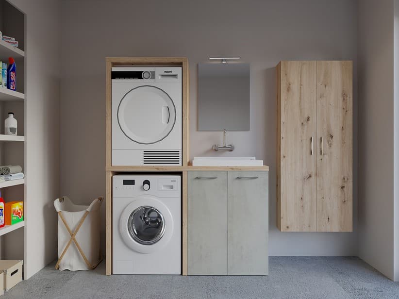 Waschküchenmöbel BONK 140 cm Waschmaschinen-und Trocknerschrank 2 Türen und Waschtrog rechts, Zement/Asteiche | IperCeramica Waschküchenmöbel BONK 140 cm Waschmaschinen-und Trocknerschrank 2 Türen und Waschtrog rechts, Zement/Asteiche | IperCeramica