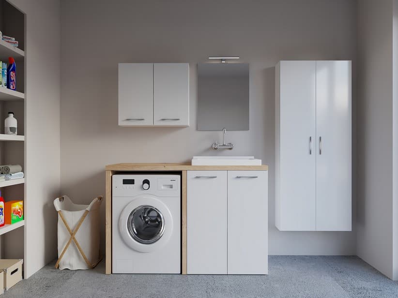 Waschküchenmöbel BONK 140 cm Waschmaschinenschrank 2 Türen und Waschtrog rechts, Weiß glänzend/Asteiche | IperCeramica Waschküchenmöbel BONK 140 cm Waschmaschinenschrank 2 Türen und Waschtrog rechts, Weiß glänzend/Asteiche | IperCeramica