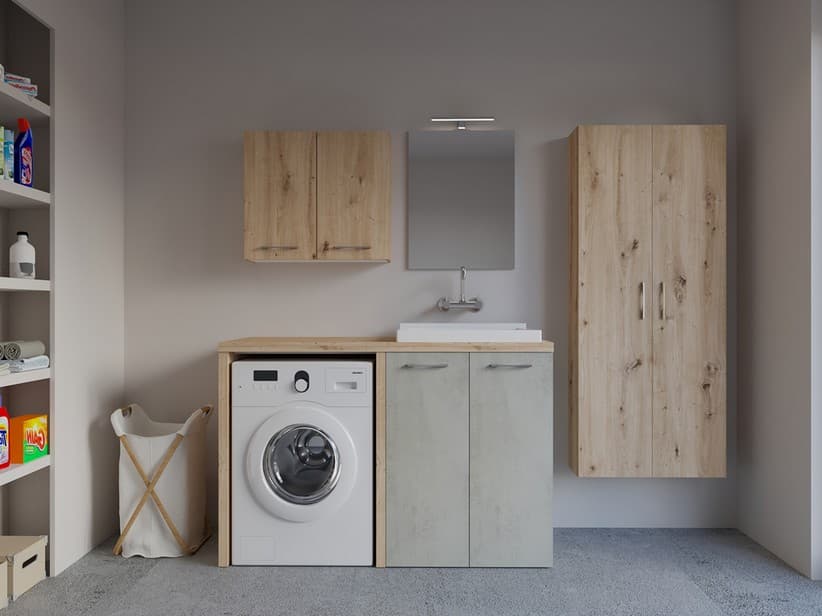 Waschküchenmöbel BONK 140 cm Waschmaschinenschrank 2 Türen und Waschtrog rechts, Zement/Asteiche | IperCeramica Waschküchenmöbel BONK 140 cm Waschmaschinenschrank 2 Türen und Waschtrog rechts, Zement/Asteiche | IperCeramica