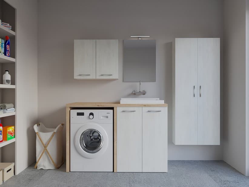 Waschküchenmöbel BONK 140 cm Waschmaschinenschrank 2 Türen und Waschtrog rechts, Weiß Matrix/Asteiche | IperCeramica Waschküchenmöbel BONK 140 cm Waschmaschinenschrank 2 Türen und Waschtrog rechts, Weiß Matrix/Asteiche | IperCeramica