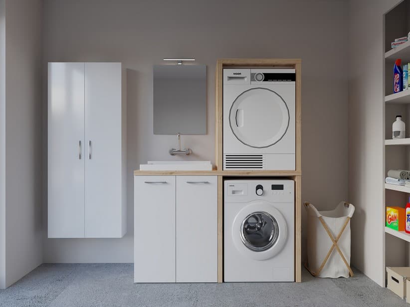 Waschküchenmöbel BONK 140 cm Waschmaschinen-und Trocknerschrank 2 Türen und Waschtrog links, Weiß glänzend/Asteiche | IperCeramica Waschküchenmöbel BONK 140 cm Waschmaschinen-und Trocknerschrank 2 Türen und Waschtrog links, Weiß glänzend/Asteiche | IperCeramica