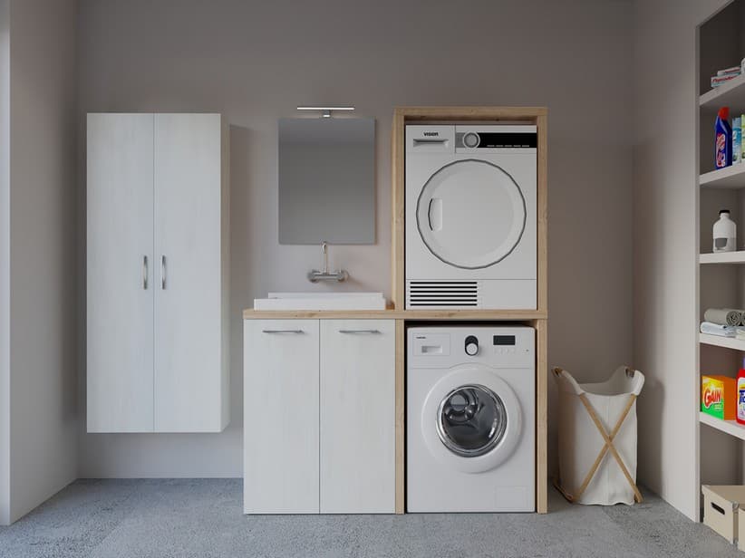 Waschküchenmöbel BONK 140 cm Waschmaschinen-und Trocknerschrank 2 Türen und Waschtrog links, Weiß Matrix/Asteiche | IperCeramica Waschküchenmöbel BONK 140 cm Waschmaschinen-und Trocknerschrank 2 Türen und Waschtrog links, Weiß Matrix/Asteiche | IperCeramica