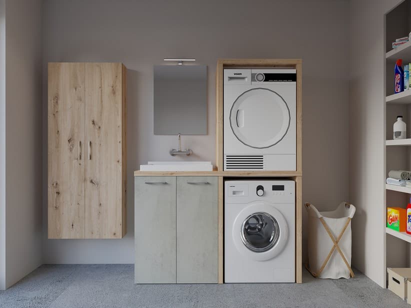 Waschküchenmöbel BONK 140 cm Waschmaschinen-und Trocknerschrank 2 Türen und Waschtrog links, Zement/Asteiche | IperCeramica Waschküchenmöbel BONK 140 cm Waschmaschinen-und Trocknerschrank 2 Türen und Waschtrog links, Zement/Asteiche | IperCeramica