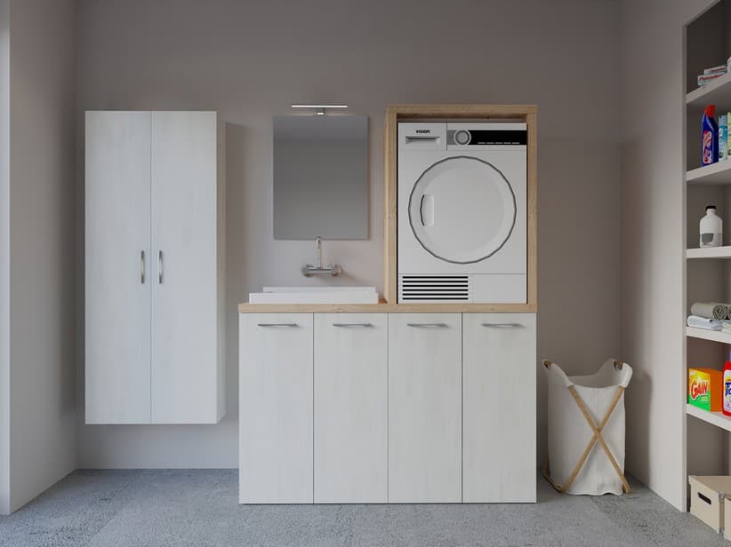 Waschküchenmöbel BONK 140 cm Waschmaschinen-und Trocknerschrank 4 Türen und Waschtrog links, Weiß Matrix/Asteiche | IperCeramica Waschküchenmöbel BONK 140 cm Waschmaschinen-und Trocknerschrank 4 Türen und Waschtrog links, Weiß Matrix/Asteiche | IperCeramica