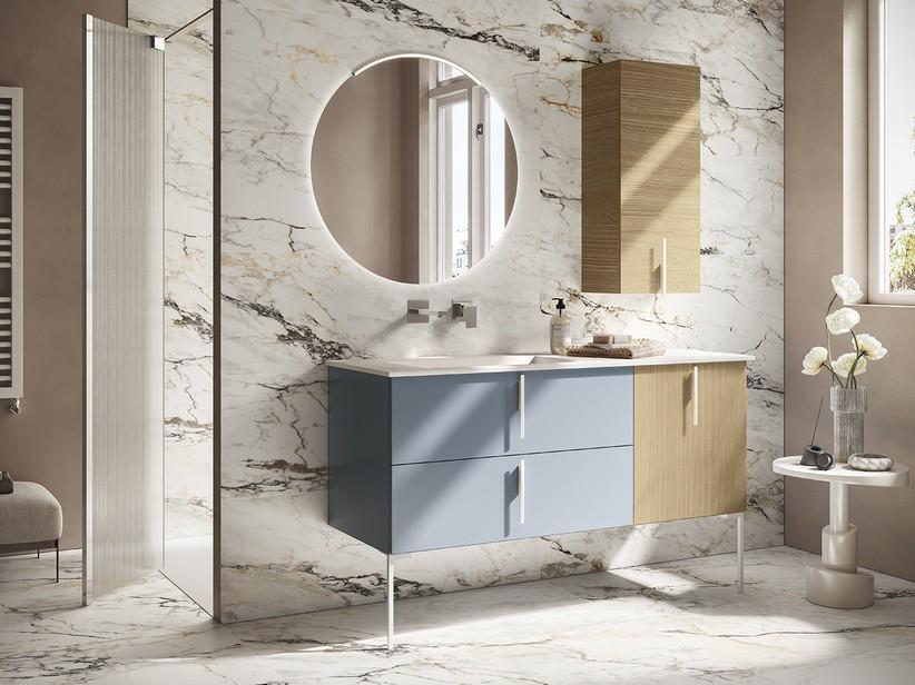 Badmöbel DESK 140 cm Eiche/Blau Avio matt - Griffe,Füße und Waschbecken HIDE Pietra Weiß matt | IperCeramica Badmöbel DESK 140 cm Eiche/Blau Avio matt - Griffe,Füße und Waschbecken HIDE Pietra Weiß matt | IperCeramica