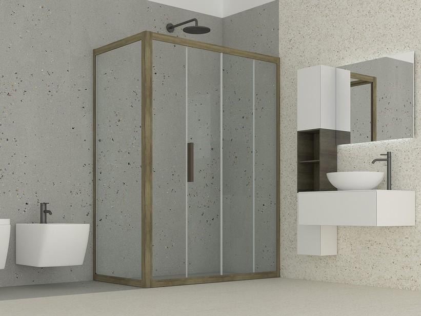 Eckduschkabine OM 140X90 H200 Red 87/90 - 130/140 Schiebetür und fester Teil aus Kristallglas 6 mm transp, Profile Eiche Cognac | IperCeramica Eckduschkabine OM 140X90 H200 Red 87/90 - 130/140 Schiebetür und fester Teil aus Kristallglas 6 mm transp, Profile Eiche Cognac | IperCeramica