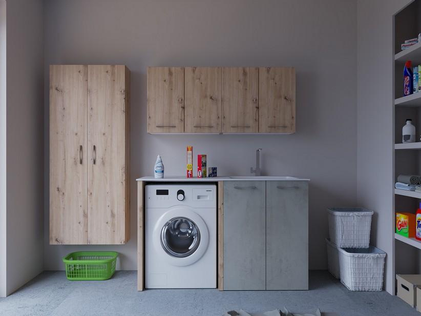 Waschküchenschrank BONK 140 cm 2 Türen mit Waschbecken aus Mineralwerkstoff rechts – Zement/Eiche geknorrt | IperCeramica Waschküchenschrank BONK 140 cm 2 Türen mit Waschbecken aus Mineralwerkstoff rechts – Zement/Eiche geknorrt | IperCeramica