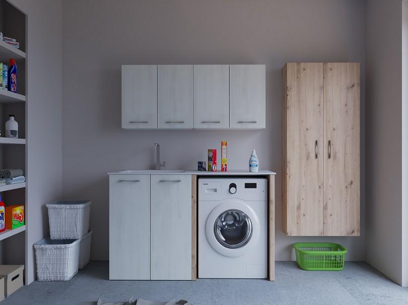 Waschküchenschrank BONK 140 cm 2 Türen mit Waschbecken aus Mineralwerkstoff links - Matrixweiß/Knochenholz | IperCeramica Waschküchenschrank BONK 140 cm 2 Türen mit Waschbecken aus Mineralwerkstoff links - Matrixweiß/Knochenholz | IperCeramica