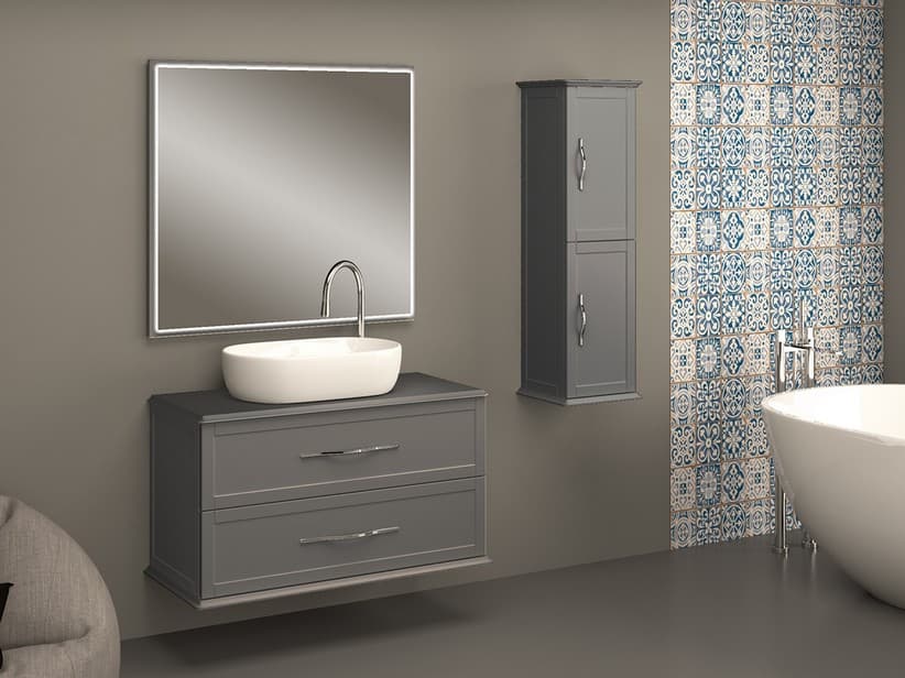 Hängebadmöbel Classic 101 cm mit 2 Schubladen und kleiner Platte für Aufsatzwaschbecken Wolkengrau matt | IperCeramica Hängebadmöbel Classic 101 cm mit 2 Schubladen und kleiner Platte für Aufsatzwaschbecken Wolkengrau matt | IperCeramica