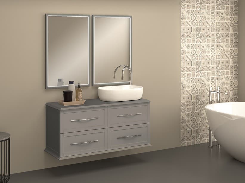 Hängebadmöbel Classic 120 cm mit 4 Schubladen und kleiner Platte für Aufsatzwaschbecken Wolkengrau matt | IperCeramica Hängebadmöbel Classic 120 cm mit 4 Schubladen und kleiner Platte für Aufsatzwaschbecken Wolkengrau matt | IperCeramica