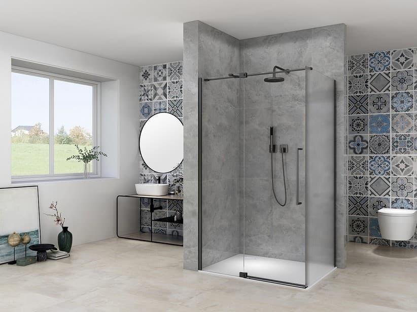 Eckduschkabine Mantra 100x70 H200 Drehtür Glasstärke 8 mm Transparent und Wellenglas, Profile Schwarz matt | IperCeramica Eckduschkabine Mantra 100x70 H200 Drehtür Glasstärke 8 mm Transparent und Wellenglas, Profile Schwarz matt | IperCeramica