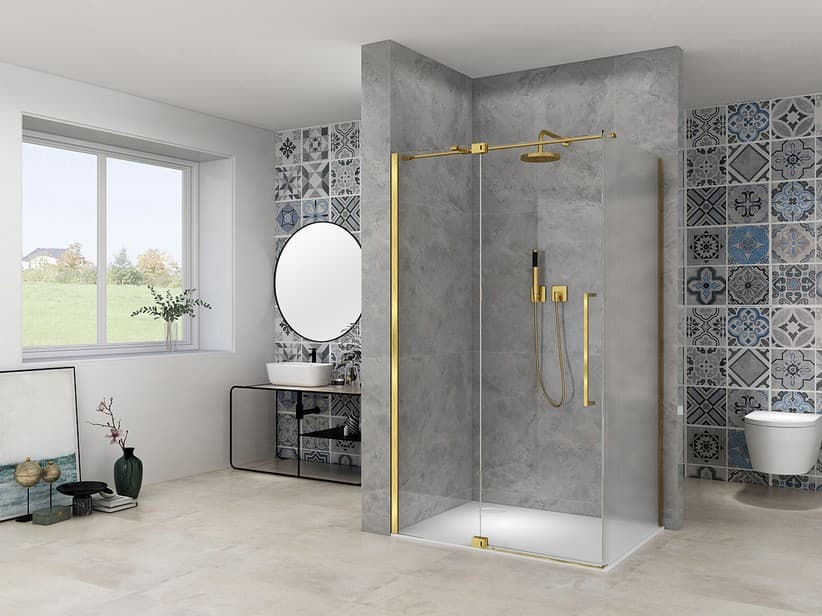 Eckduschkabine Mantra 140x80 H200 Drehtür Glasstärke 8 mm Transparent und Wellenglas, Profile Gold gebürstet | IperCeramica Eckduschkabine Mantra 140x80 H200 Drehtür Glasstärke 8 mm Transparent und Wellenglas, Profile Gold gebürstet | IperCeramica