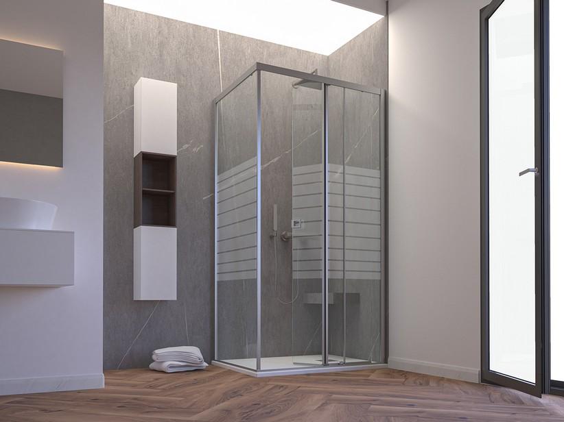 Eck-Duschkabine Miro' H200 110x90 cm Schiebetür+feste Seite Öffnung Re., Siebdruck Glas 6 mm Transp., Profile Chrom | IperCeramica Eck-Duschkabine Miro' H200 110x90 cm Schiebetür+feste Seite Öffnung Re., Siebdruck Glas 6 mm Transp., Profile Chrom | IperCeramica