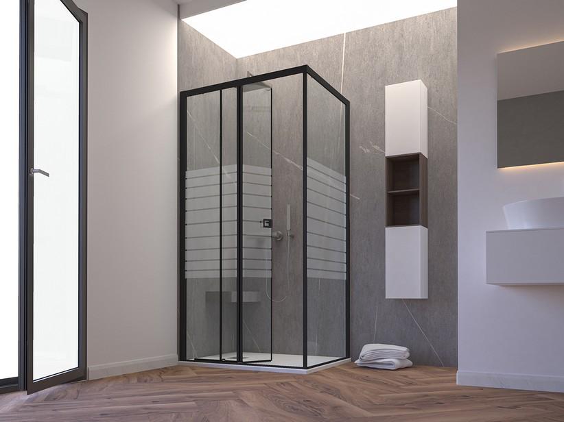 Eck-Duschkabine Miro' H200 110x90 cm Schiebetür+feste Seite Öffnung Li., Siebdruck Glas 6 mm Transp., Profile Schwarz matt | IperCeramica Eck-Duschkabine Miro' H200 110x90 cm Schiebetür+feste Seite Öffnung Li., Siebdruck Glas 6 mm Transp., Profile Schwarz matt | IperCeramica