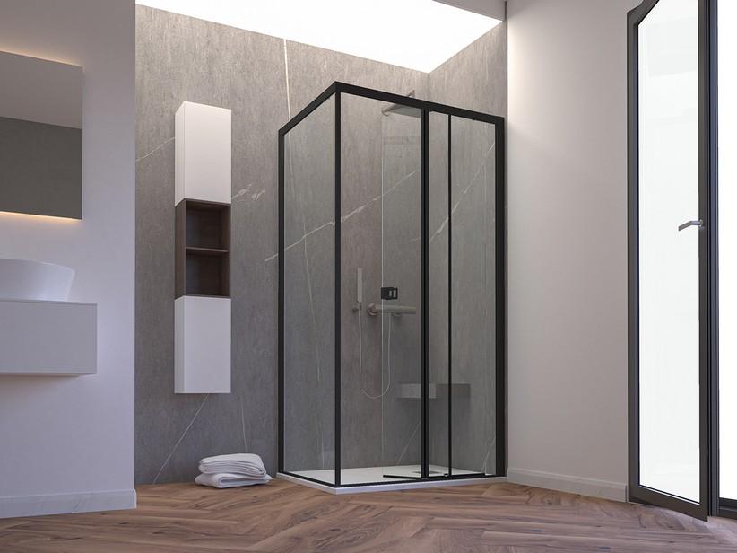 Eck-Duschkabine Miro' H200 110x90 cm Schiebetür und feste Seite Öffnung Re. Glasstärke 6 mm Transparent Profile Schwarz matt | IperCeramica Eck-Duschkabine Miro' H200 110x90 cm Schiebetür und feste Seite Öffnung Re. Glasstärke 6 mm Transparent Profile Schwarz matt | IperCeramica