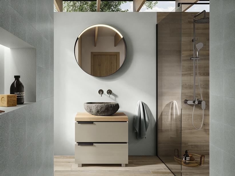 Standbadmöbel TOUCH 70 cm 2 Schubladen Graubeige glänzend und Eichenplatte mit Knorren | IperCeramica Standbadmöbel TOUCH 70 cm 2 Schubladen Graubeige glänzend und Eichenplatte mit Knorren | IperCeramica