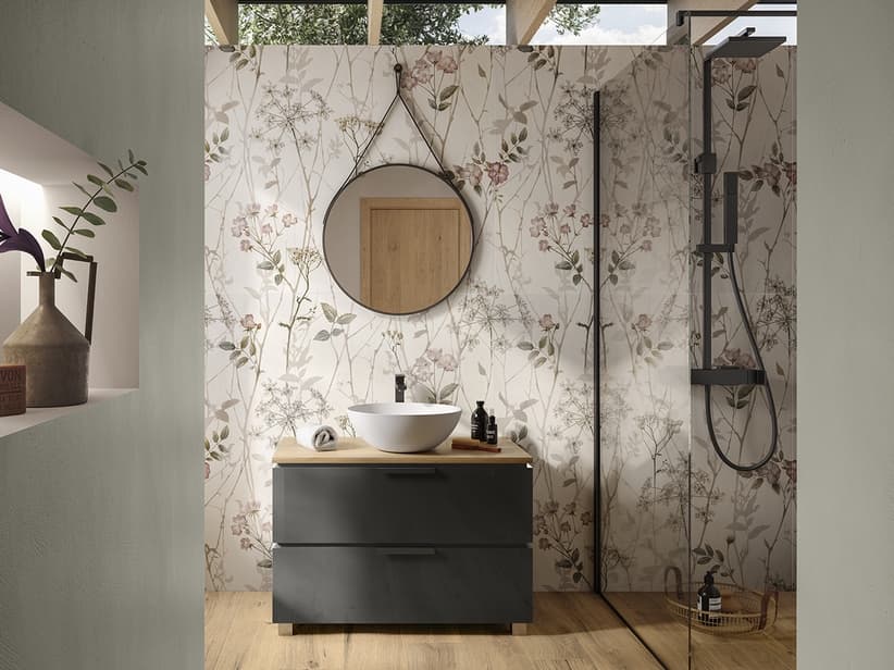 Standbadmöbel TOUCH 90 cm 2 Schubladen Anthrazitgrau glänzend und Eichenplatte mit Knorren | IperCeramica Standbadmöbel TOUCH 90 cm 2 Schubladen Anthrazitgrau glänzend und Eichenplatte mit Knorren | IperCeramica