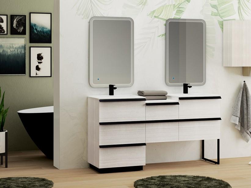 Badezimmermöbel Noho 166 cm mit 3+2+2 Schubladen in Weiß Rock und Doppelwaschbecken Unitop aus mattweißem Kunstharz | IperCeramica Badezimmermöbel Noho 166 cm mit 3+2+2 Schubladen in Weiß Rock und Doppelwaschbecken Unitop aus mattweißem Kunstharz | IperCeramica