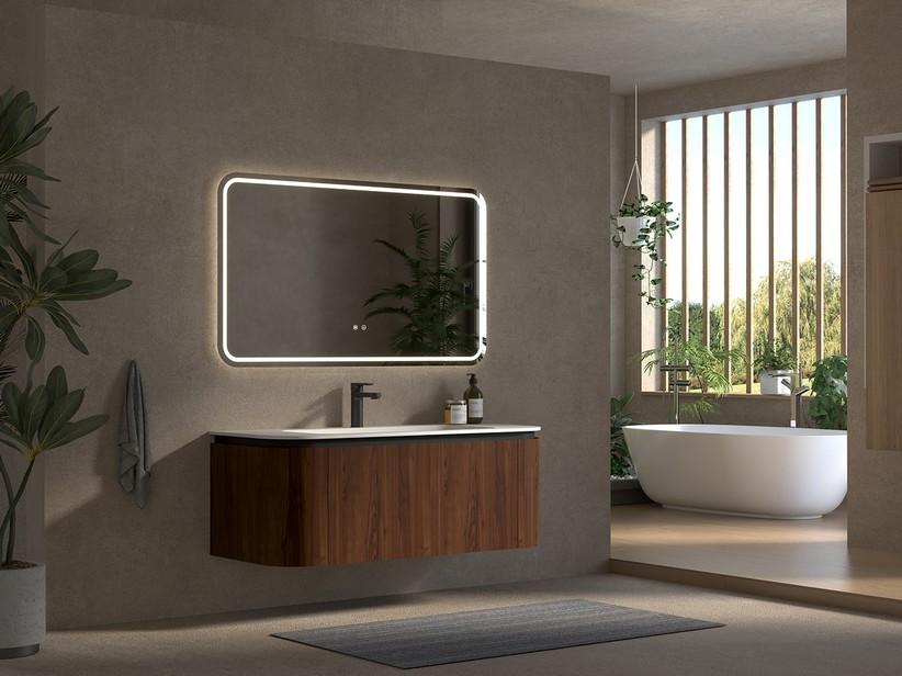 Badmöbel Tide 120 cm 3 Schubladen aus Mehrschichtholz Nussbaum mit Waschbecken aus Solid Surface Weiß matt | IperCeramica Badmöbel Tide 120 cm 3 Schubladen aus Mehrschichtholz Nussbaum mit Waschbecken aus Solid Surface Weiß matt | IperCeramica